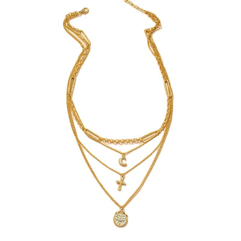 Four-Layer Cross Crescent Alloy Necklace - Vienna Verve Collection