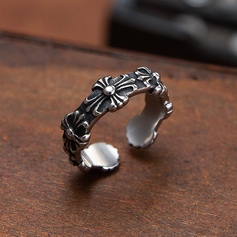 Simple Cross Flower Open Titanium Steel Ring for Men