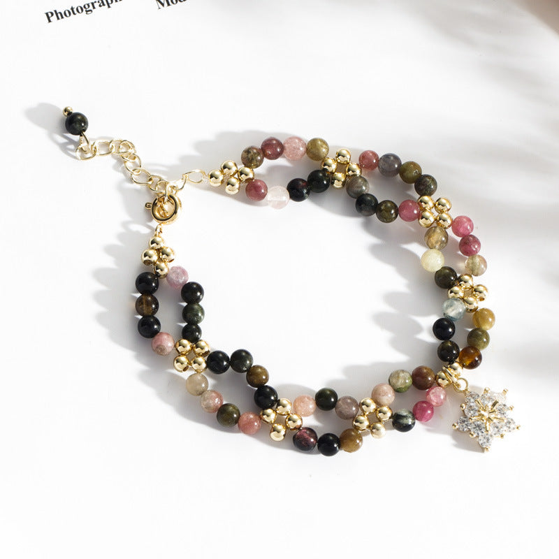 Crystal and Gemstone Women's Bracelet with Sterling Silver Snowflake and Strawberry Pendant