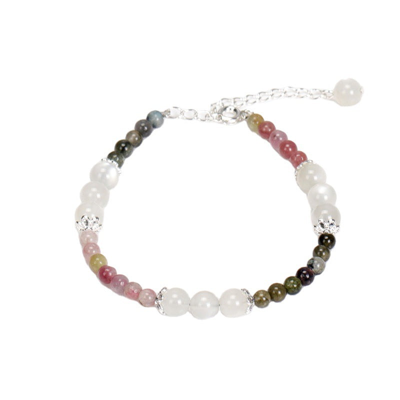 Elegant Crystal and Tourmaline Bracelet - Sterling Silver Women's Handcrafted Korean Edition Gift