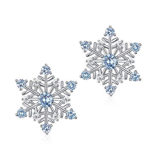 Romantic Blue Spinel Zircon Hexagonal Snowflake Sterling Silver Stud Earrings