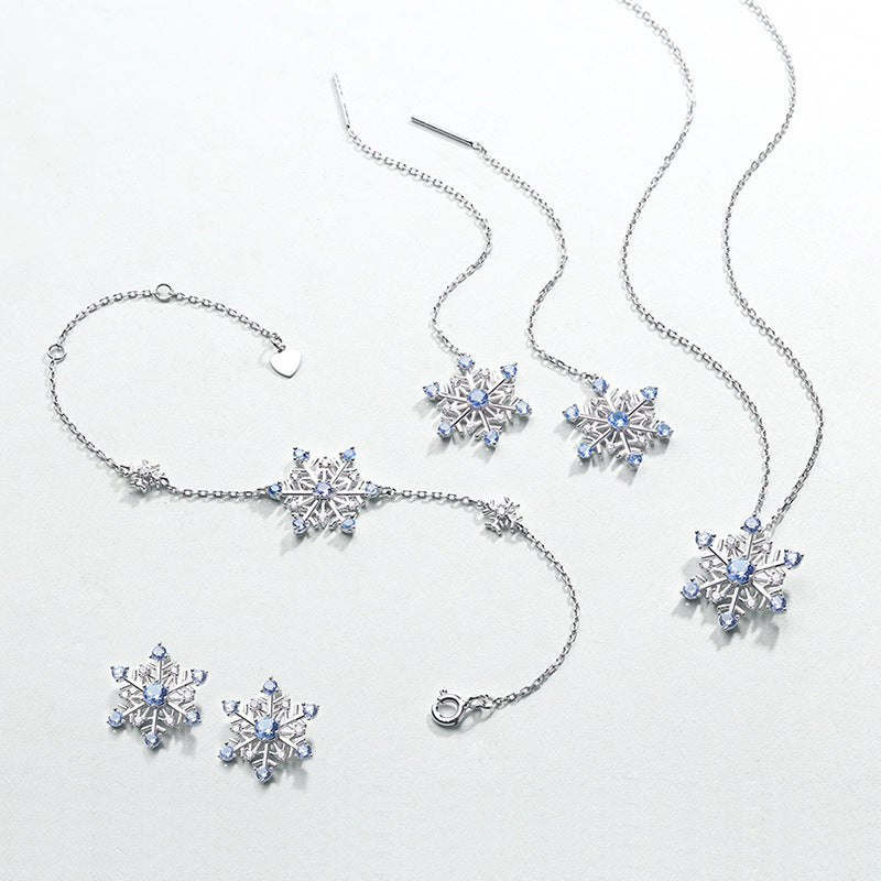 Romantic Blue Spinel Zircon Hexagonal Snowflake Sterling Silver Stud Earrings