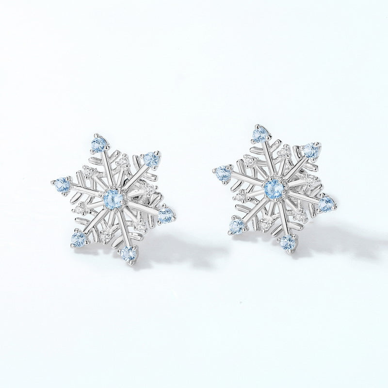 Romantic Blue Spinel Zircon Hexagonal Snowflake Sterling Silver Stud Earrings