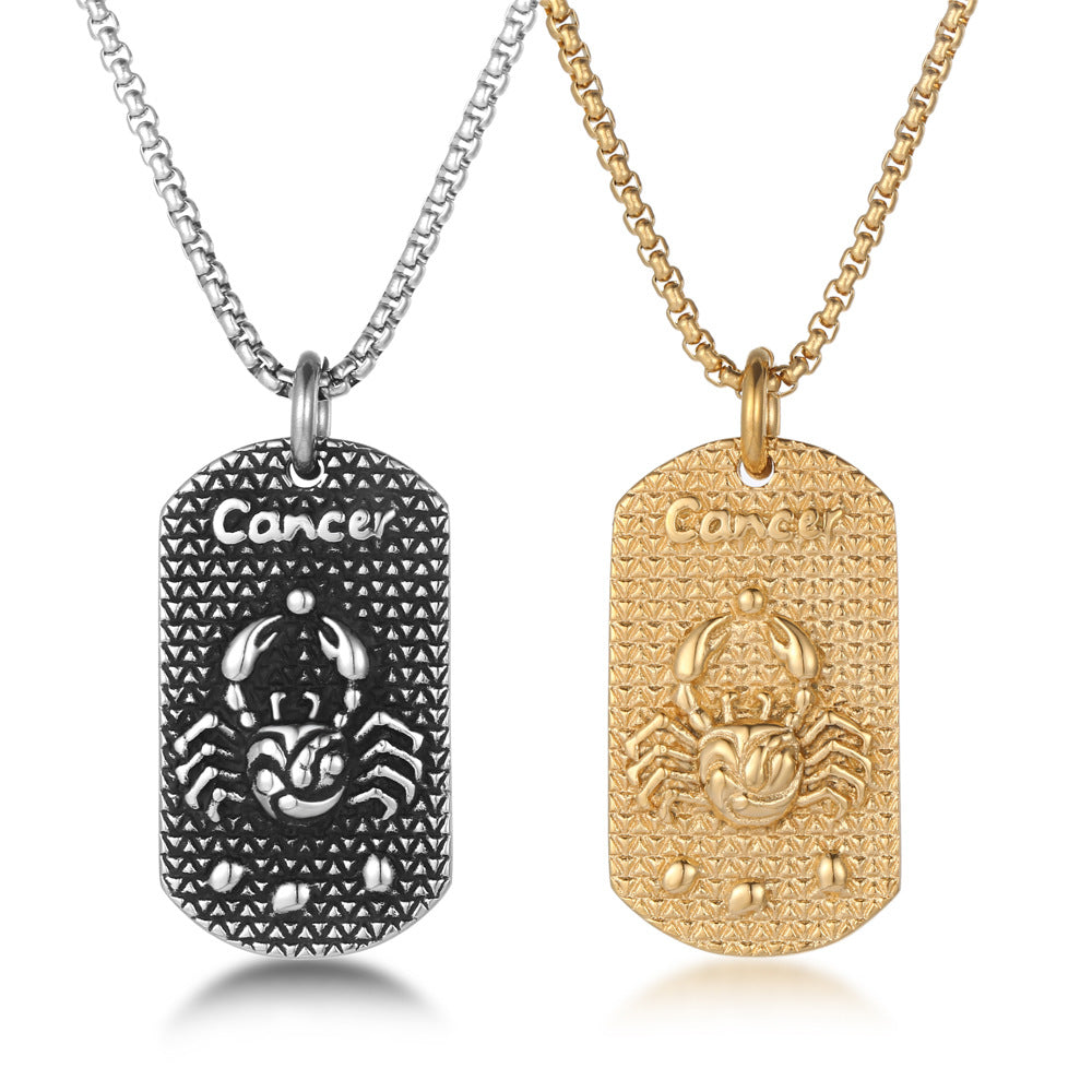 Zodiac Cancer Square Pendant Necklace - Retro Titanium Steel Hip-Hop Jewelry for Men