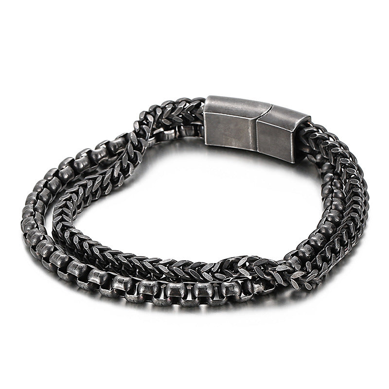 Men's Stylish Double-Layer Titanium Steel Bracelet with Creative Square Pearl - Japan and South Korea Inspired Fashion