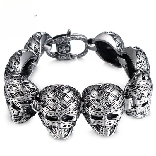 Punk-Inspired Titan Steel Skull Bracelet with Retro Mummy Ghost Design for Men