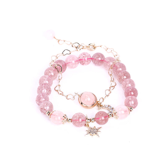 Strawberry Crystal Bracelet - Sterling Silver with Star and Moon Design