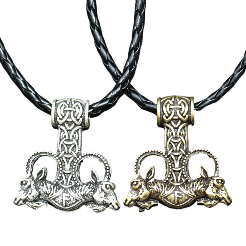 Viking Warrior Thunder Hammer Necklace with Double Sheep Head Pendants