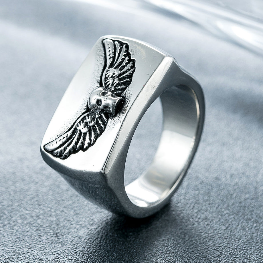 Halloween Skull Wings Rectangle Titanium Steel Ring for Men