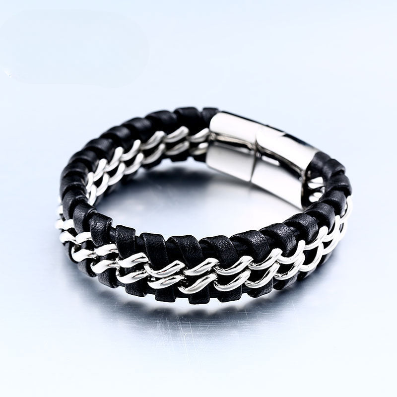 Men's Double-Row Hand-Woven Leather and Titanium Steel Locomotive Bracelet