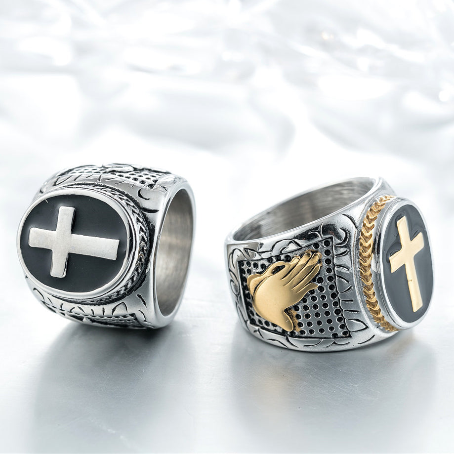 Latin Cross Snake Prayer Titanium Steel Ring for Men