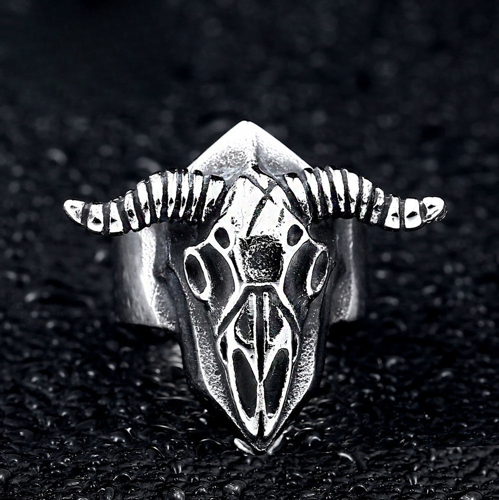 Edgy Titanium Steel Punk Sheepskull Ring for Men – Custom Sizes 7-13