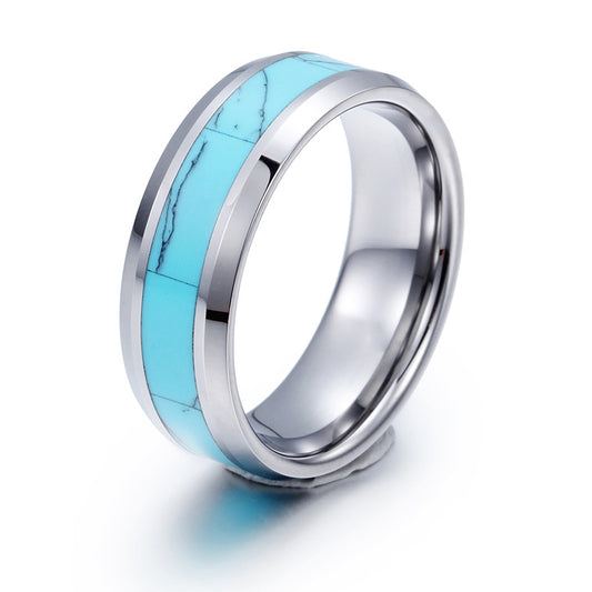 Tungsten Steel Men's Ring with Turquoise Flat Edge - Wholesale Jewelry from Planderful