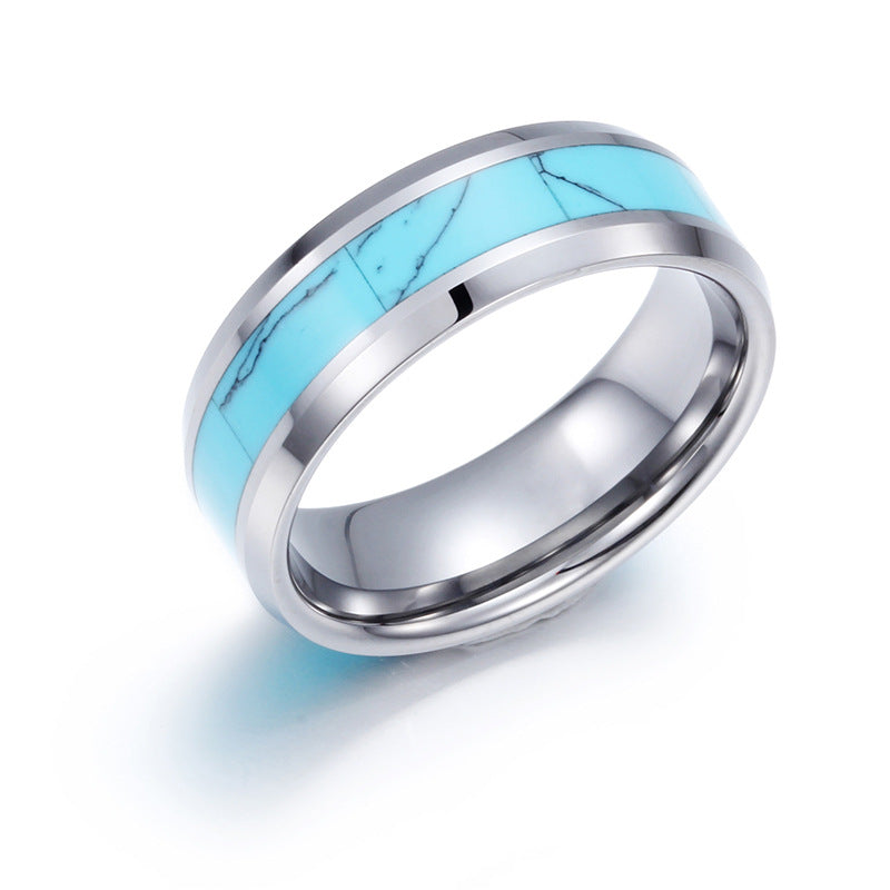 Tungsten Steel Men's Ring with Turquoise Flat Edge - Wholesale Jewelry from Planderful