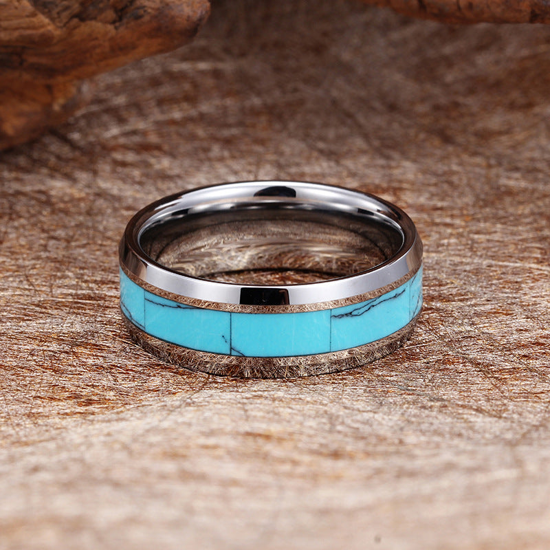 Tungsten Steel Men's Ring with Turquoise Flat Edge - Wholesale Jewelry from Planderful