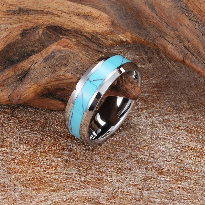 Tungsten Steel Men's Ring with Turquoise Flat Edge - Wholesale Jewelry from Planderful