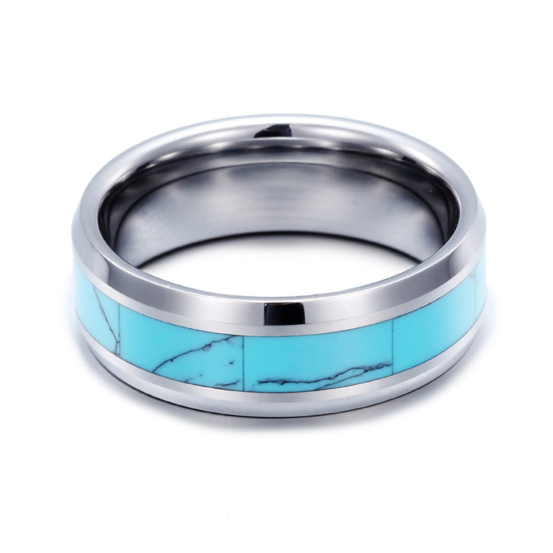 Tungsten Steel Men's Ring with Turquoise Flat Edge - Wholesale Jewelry from Planderful