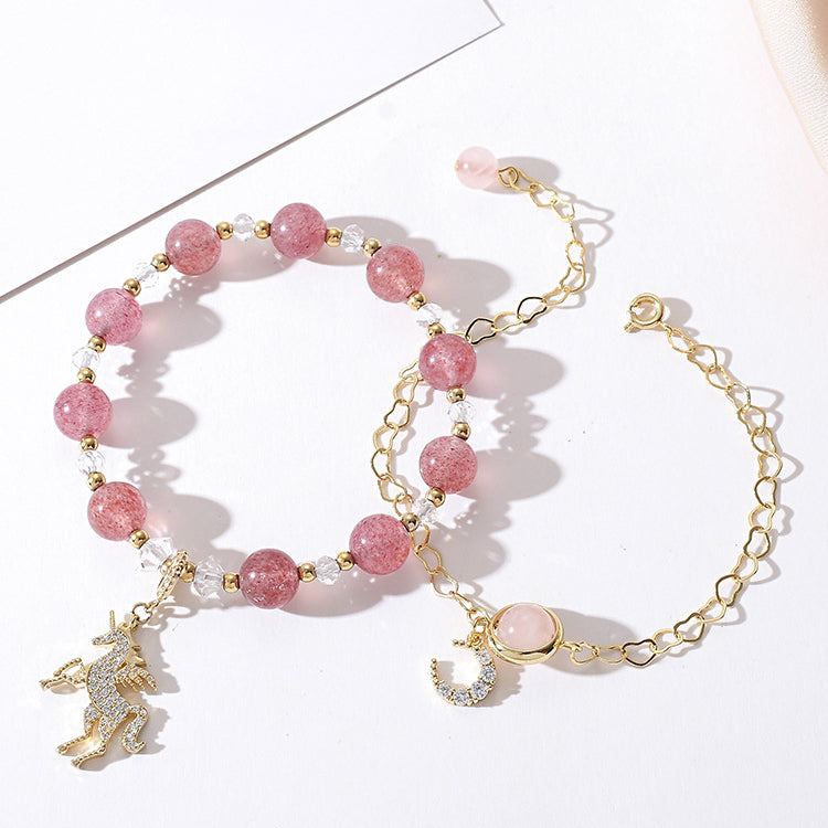 Unicorn Crystal Bracelet with Strawberry and Peach Blossom Gems - Sterling Silver Female Student Gift