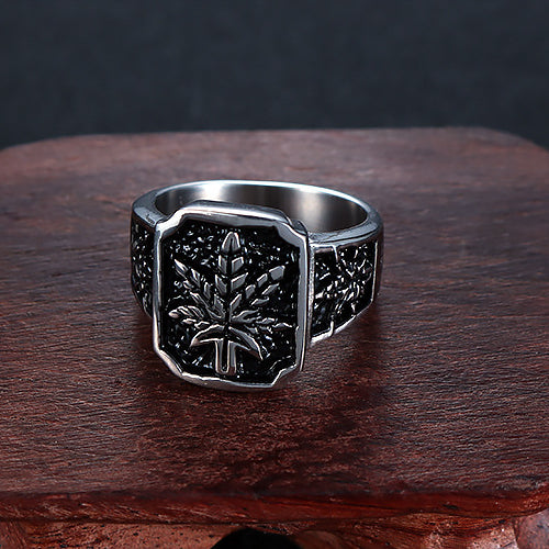 Custom Engraved Titanium Steel Maple Leaf Ring - Retro Hip-Hop Stainless Steel Jewelry for Men