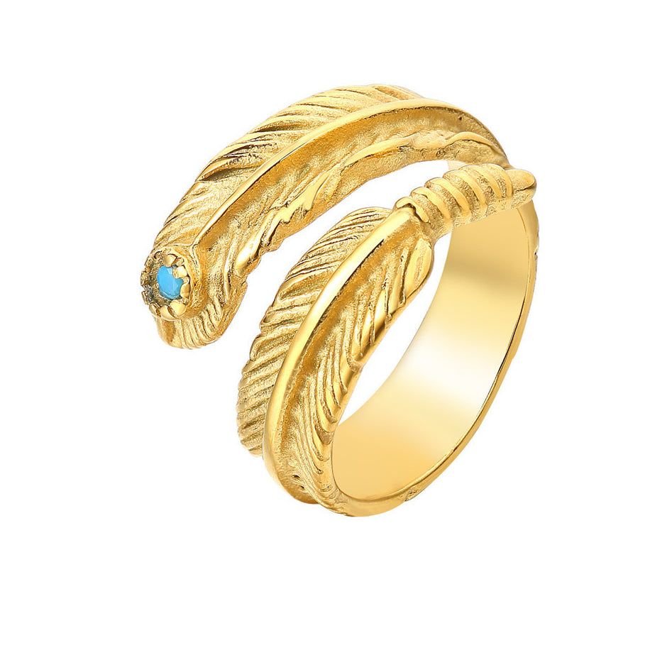 Korean Style Gold Feather Titanium Steel Ring with Zircon Gem