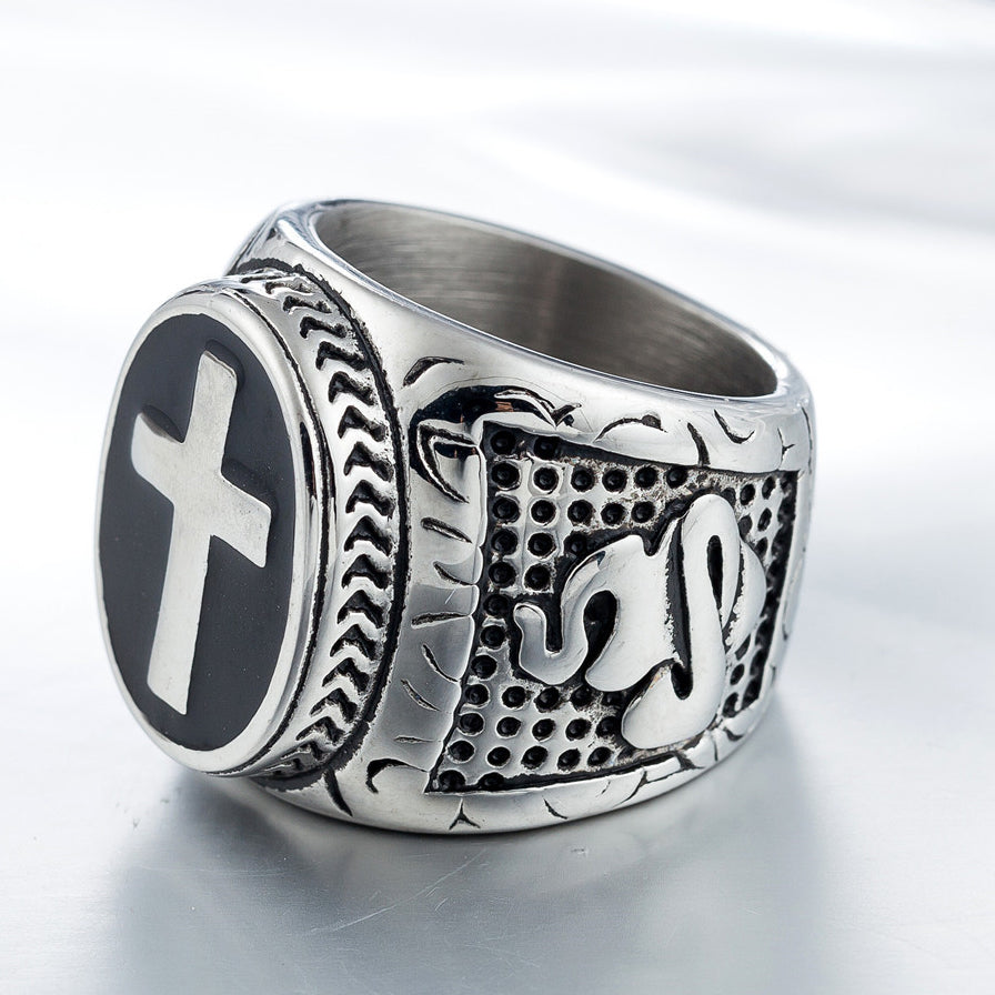 Latin Cross Snake Prayer Titanium Steel Ring for Men