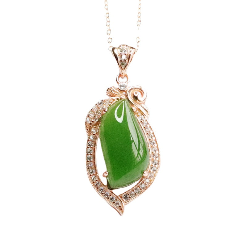 Droplet Spinach Green and Zircon Sterling Silver Necklace with Natural Hetian Jade