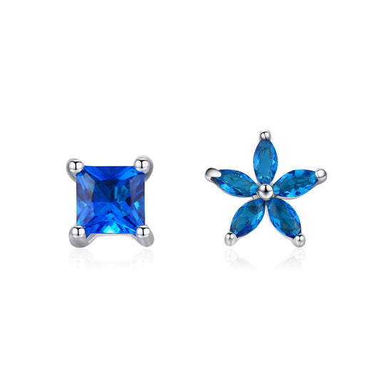 Elegant S925 Sterling Silver Asymmetric Blue Zircon Earrings