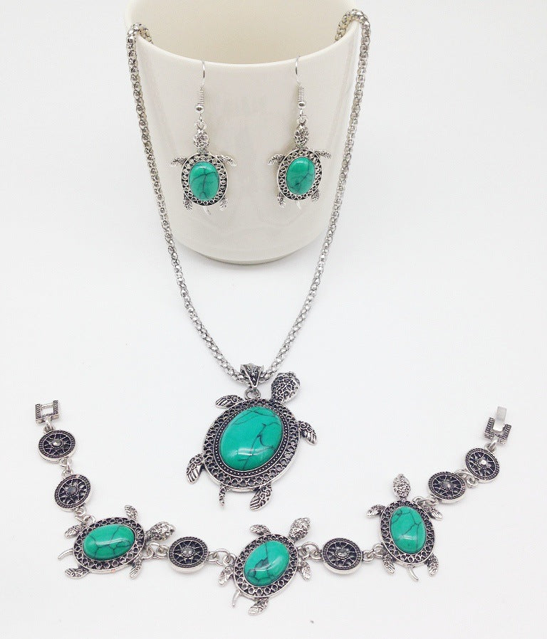 Vintage Turquoise Turtle Jewelry Set - Necklace, Earrings, and Bracelet Trio