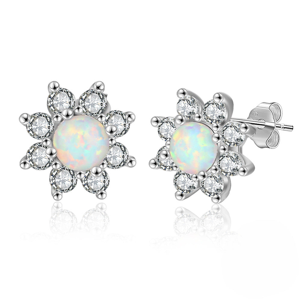 Round Opal Zircon Eight Petal Flower Sterling Silver Stud Earrings