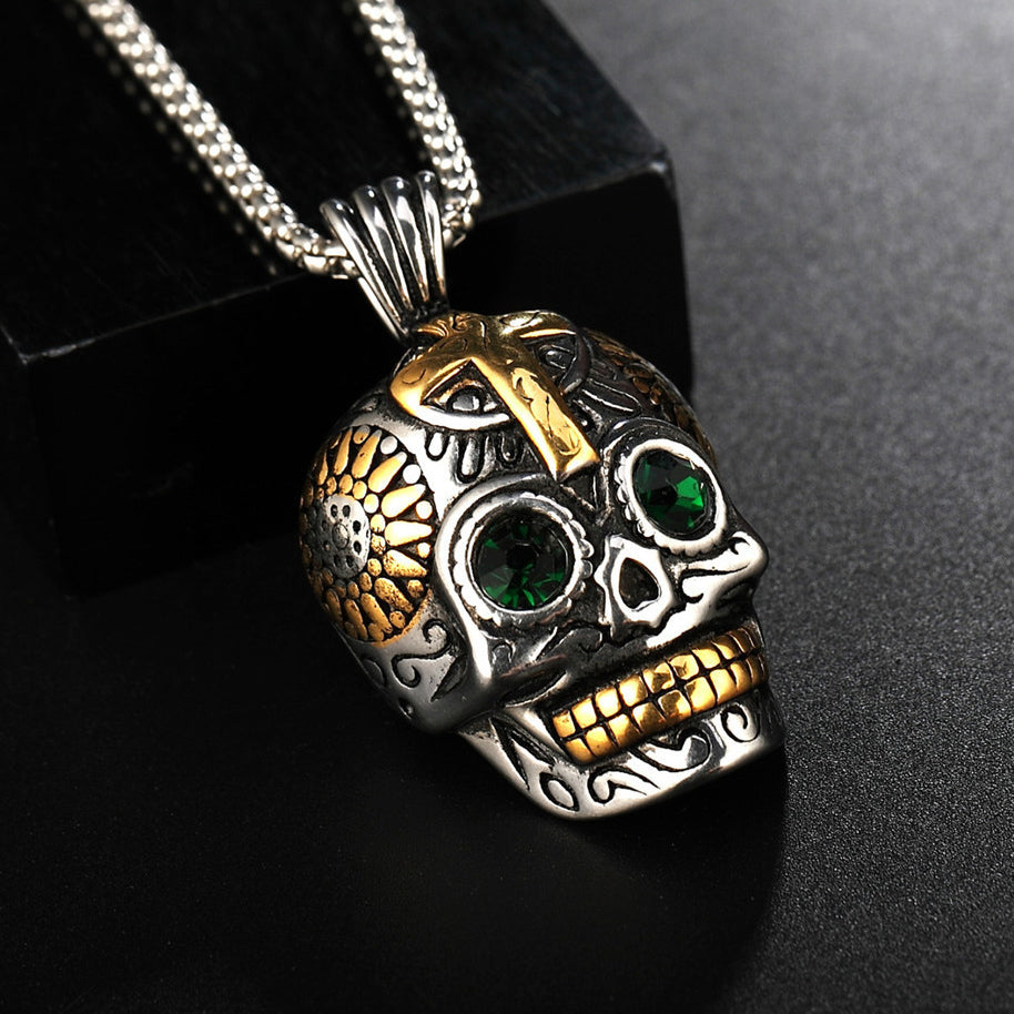 Halloween Ghost Skull Green Zircon Titanium Steel Necklace for Men