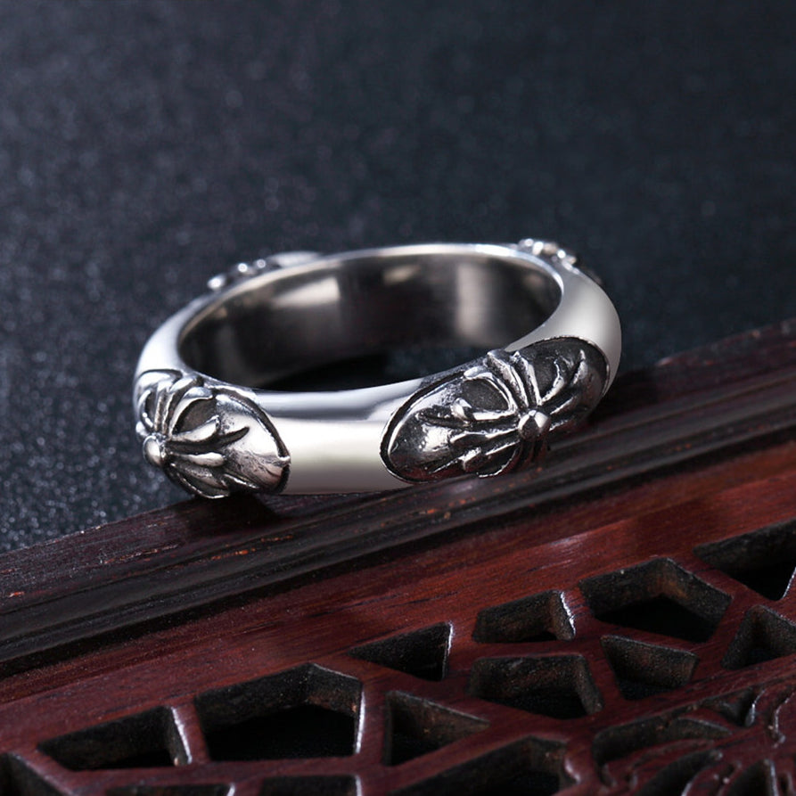 Four Carved Cross Flower Titanium Steel Ring for Men