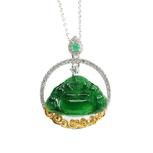 Sterling Silver Jade Buddha Necklace with Hollow Circle Pendant