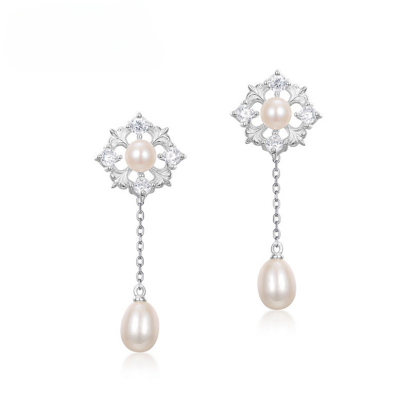 Christmas Pearl Zircon Snowflake Tassel Sterling Silver Drop Earrings