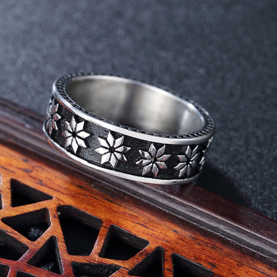 Row of Octagonal Flower Titanium Steel Ring for Men