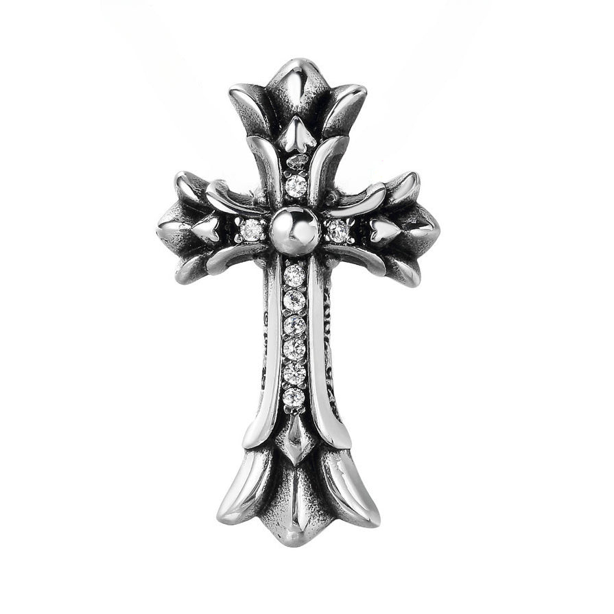 Punk Double Cross Flower Zircon Titanium Steel Pendant for Men