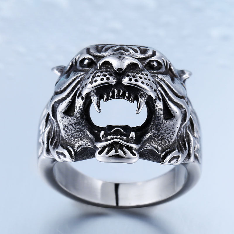 Titanium Steel Men's Retro Tiger Head Ring - Unique Cross-Border Fashion Accessory