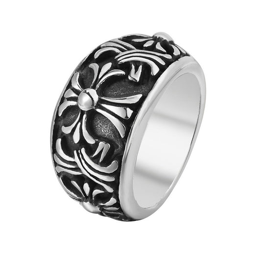 Relief Cross Flower Wide Titanium Steel Ring for Men