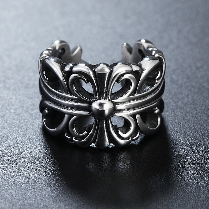 Hollow Croix Flower Opening Titanium Steel Ring for Men