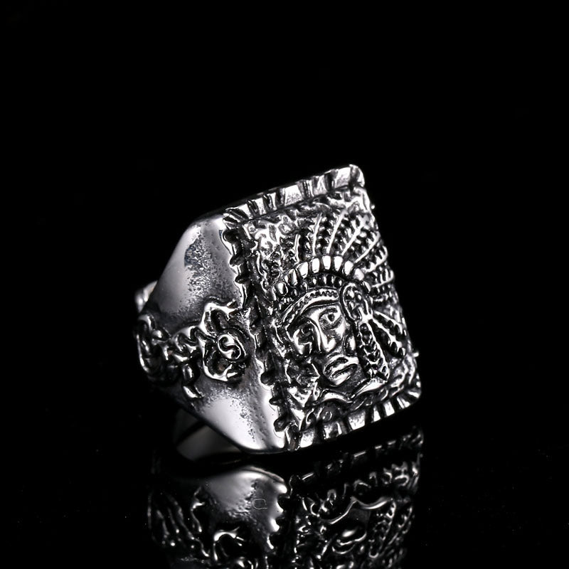 Bold Titanium Steel Indian Chief Ring for Men - Wholesale European and American Trade Jewelry