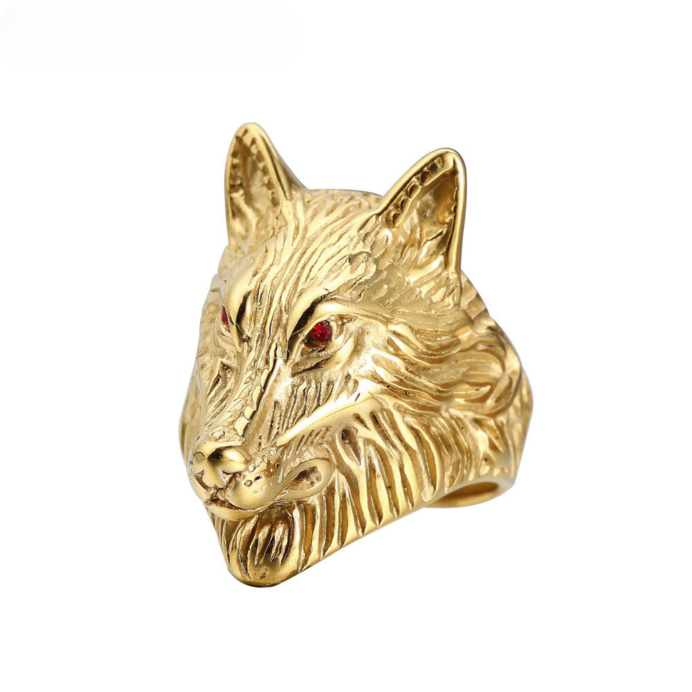 Red Eye Zircon Wolf Head Titanium Steel Ring for Men