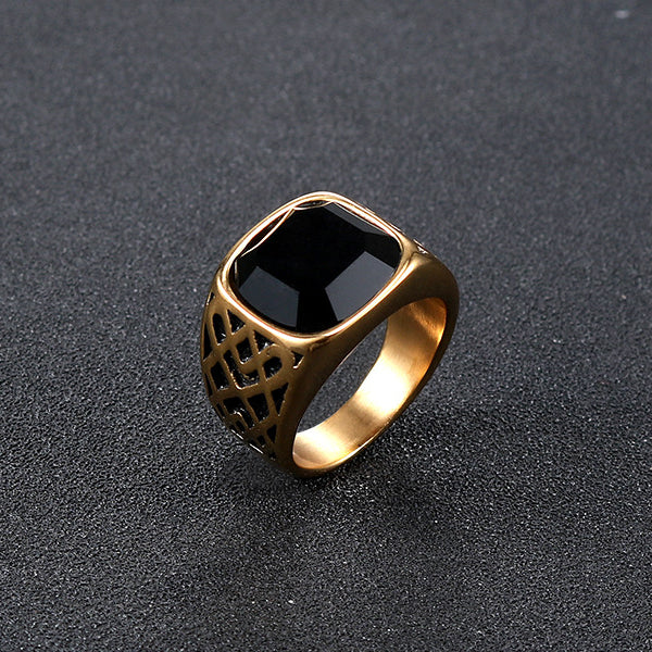 Titanium Steel Black Stone Ring for Men - Retro Dominance in European and American Style