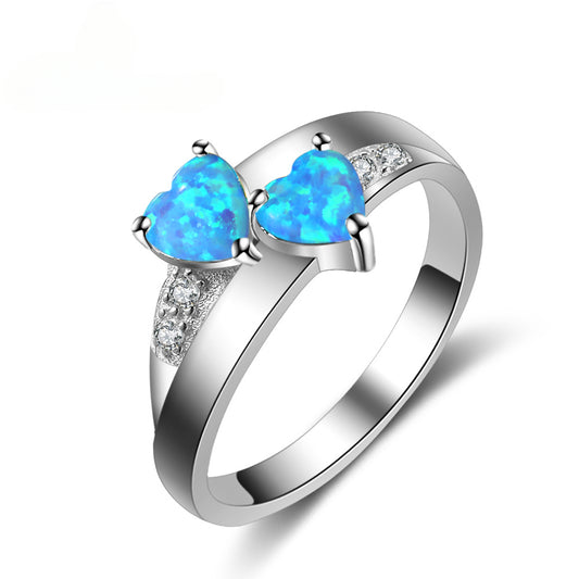 Double Heart Shape Blue Opal Zircon Sterling Silver Ring