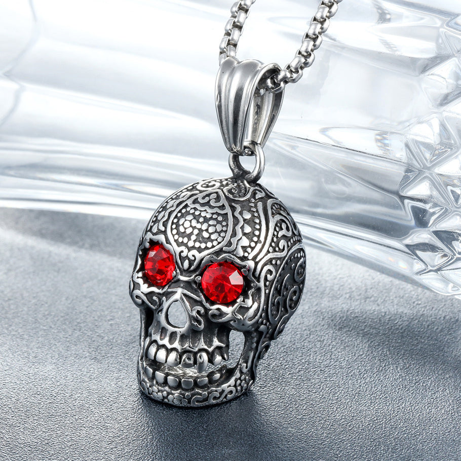 Halloween Carved Skull Zircon Eyes Titanium Steel Necklace for Men