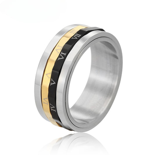 Rotating Double-Layer Titanium Steel Men's Ring with Roman Numerals