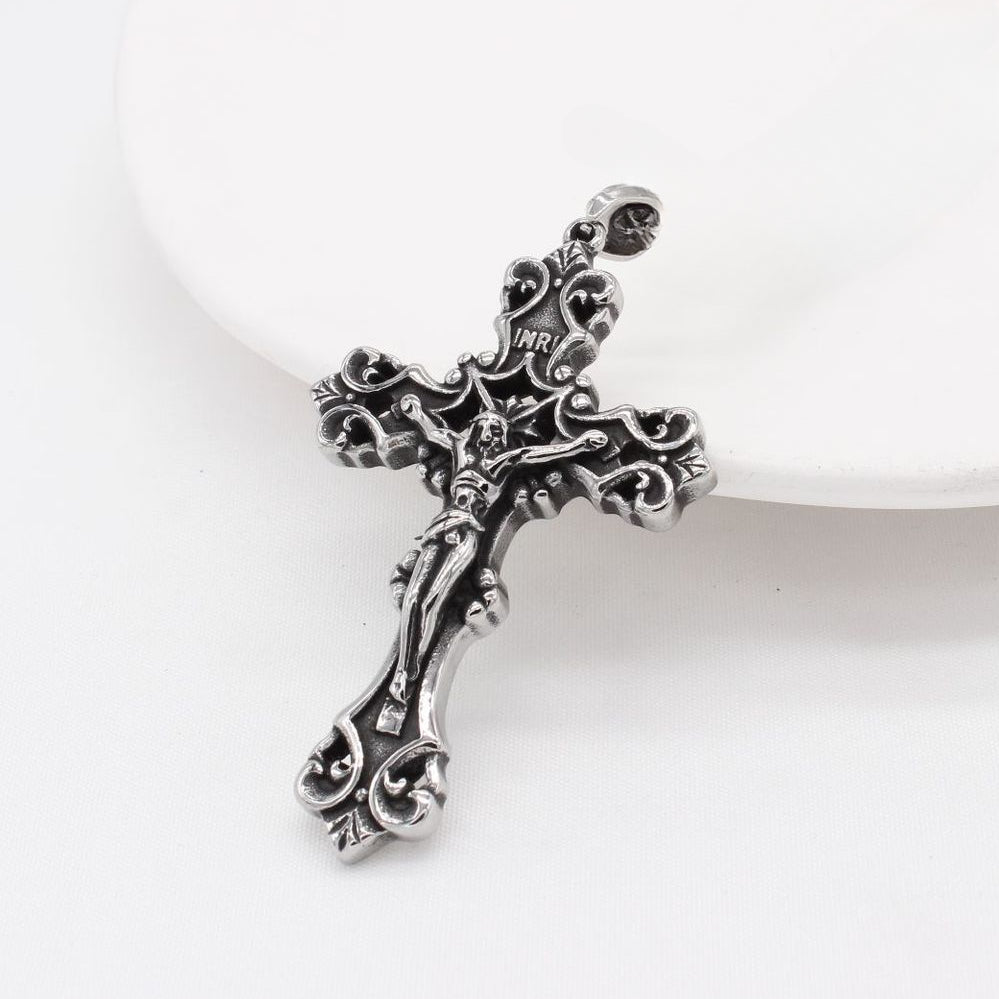 Jesus Latin Crucifix Flower Titanium Steel Pendant for Men