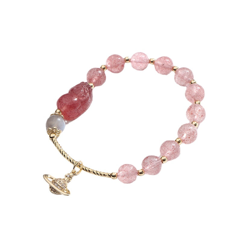 Strawberry Crystal Pixiu Bracelet - Sterling Silver, Female Skill, Peach Blossom Design