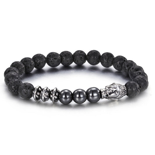 Stylish Stainless Steel Buddha Head Bracelet with Lava Volcanic Stone and Agate Beads for Men