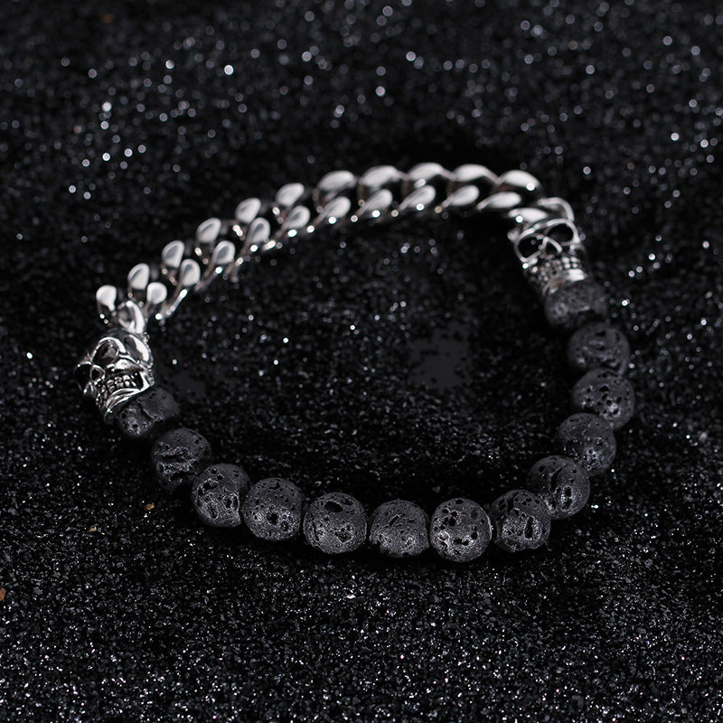 Men's Volcanic Stone Beaded Bracelet with Stainless Steel Skull Buddha Accent