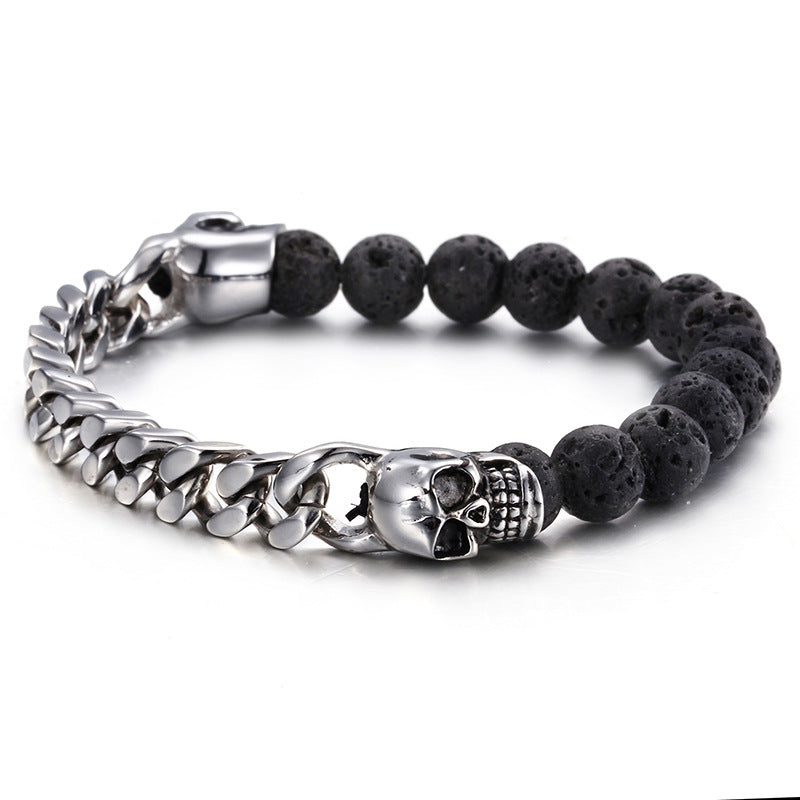 Men's Volcanic Stone Beaded Bracelet with Stainless Steel Skull Buddha Accent