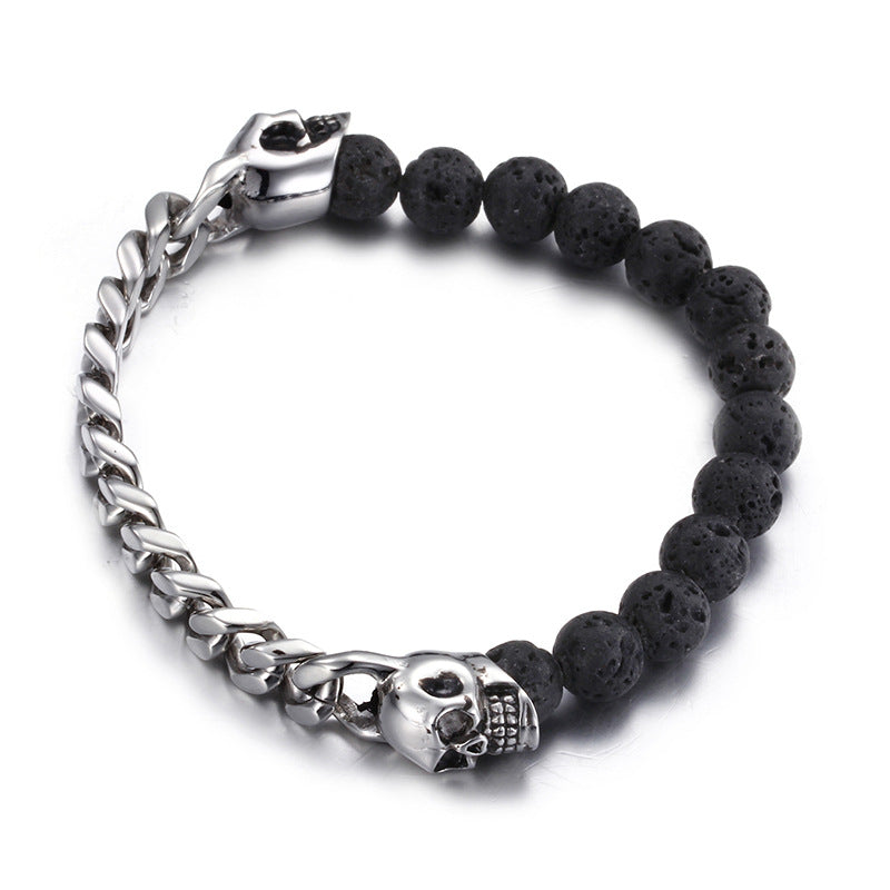 Men's Volcanic Stone Beaded Bracelet with Stainless Steel Skull Buddha Accent